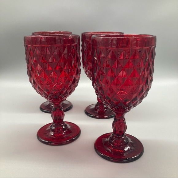 Ruby Red Diamond Cut Pressed Glass Wine or Water Goblets by Pier 1 - 4 Pieces